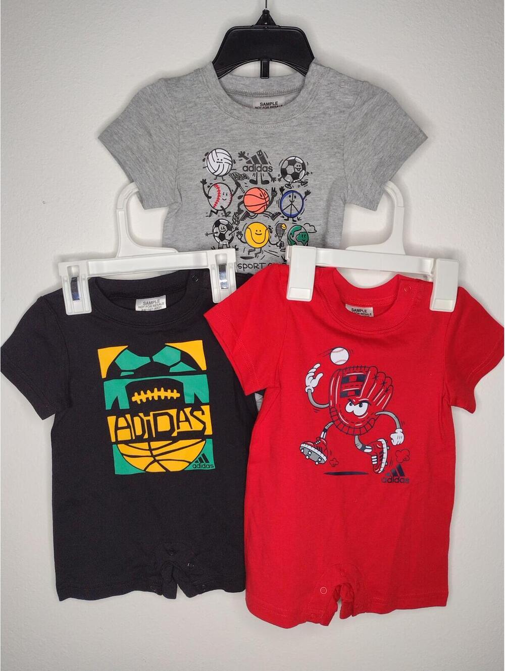 NWOT Set of 3 SAMPLE Adidas Baby Rompers with Sports Graphics Size 6M